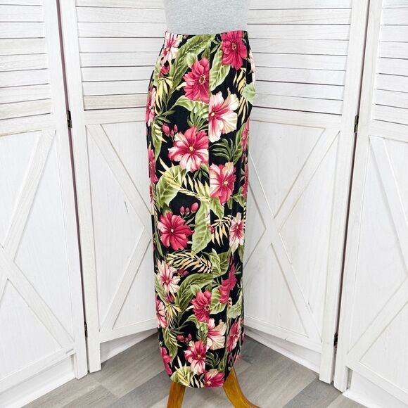 Haggar‎ Vintage Linen Tropical Flower Print Button Front Maxi Skirt Black Pink 8 - Picture 3 of 11